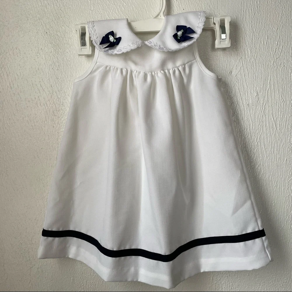 Vintage Rare Editions Girls White/Navy Blue Long Sleeve Apron Bib Dress Sz 3T